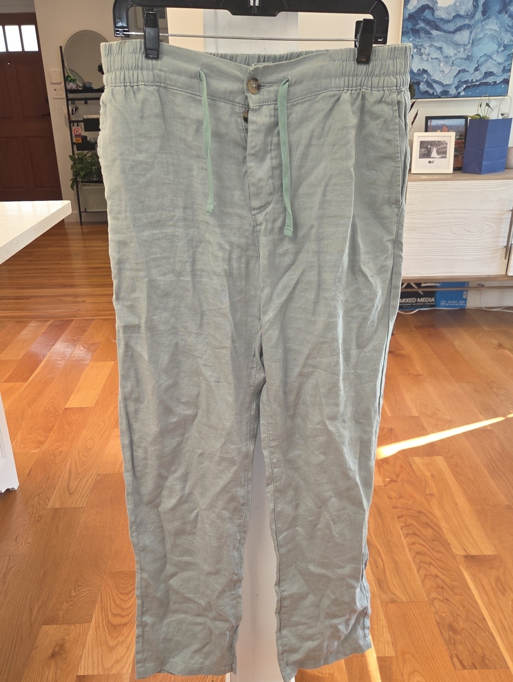 Monoprix Premium Linen Womens Light Sage 100% Italian Linen Drawstring Pants 42E